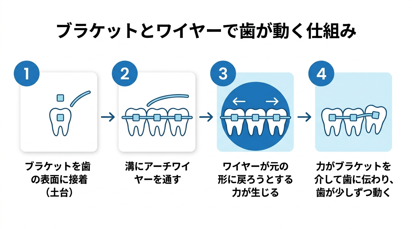 ブラケットの仕組み — 溝に通したワイヤーの力で歯を動かす