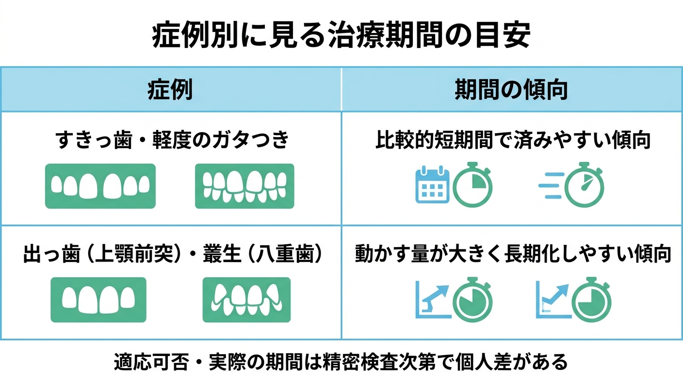 歯並びの状態(症例)別に見る治療期間の目安