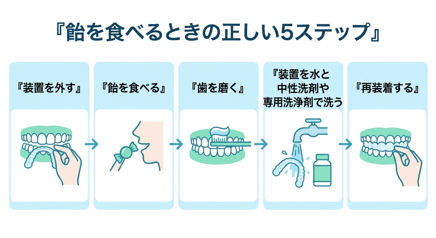 飴を食べるときの正しい手順|外す→食べる→磨く→洗う→再装着